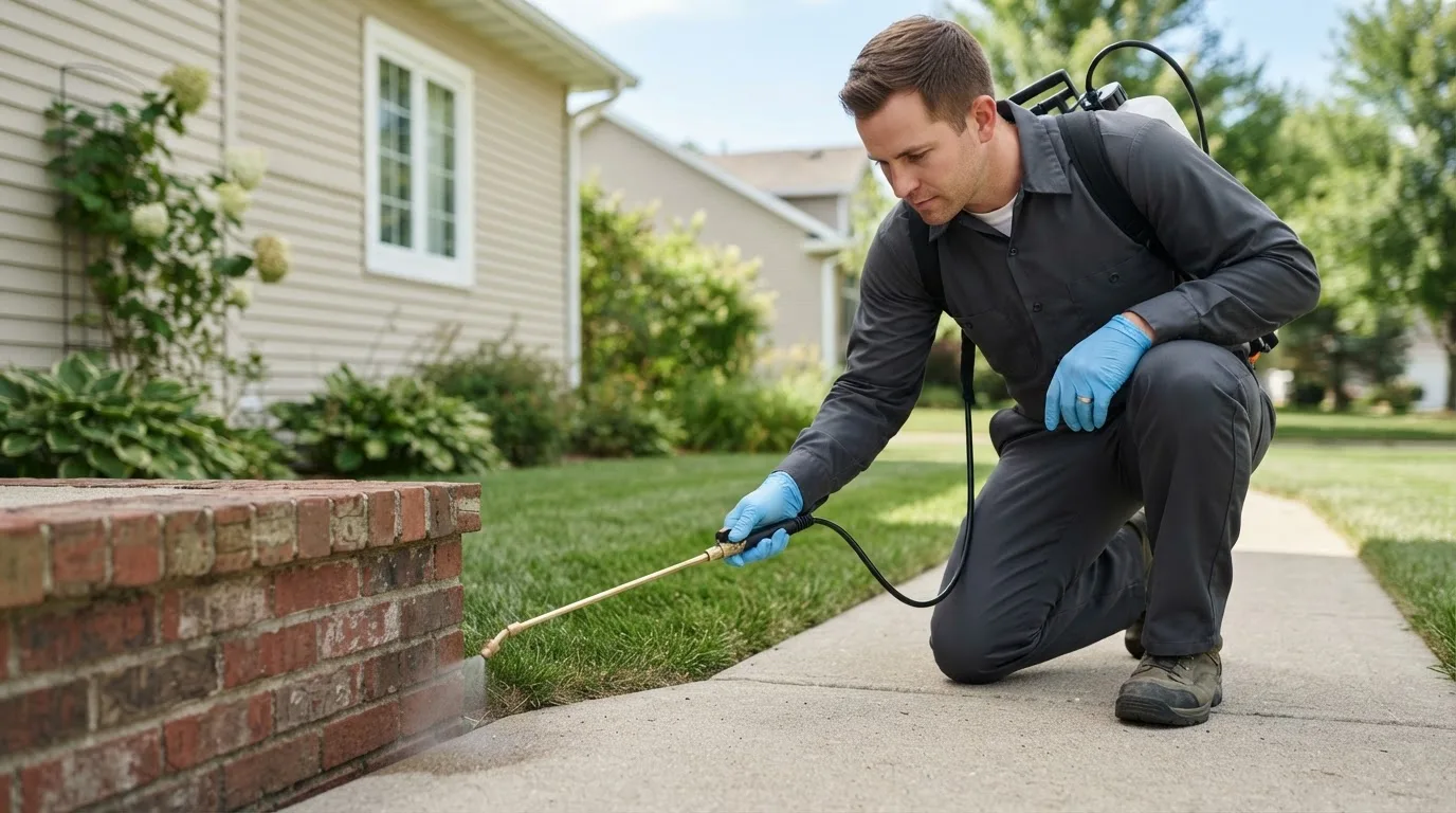 Pest control technician treating a home near York Harbor, ME