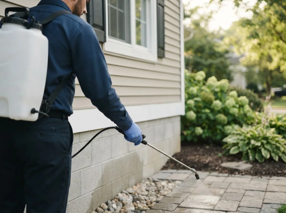 Pest control technician inspecting a home in York Harbor, ME